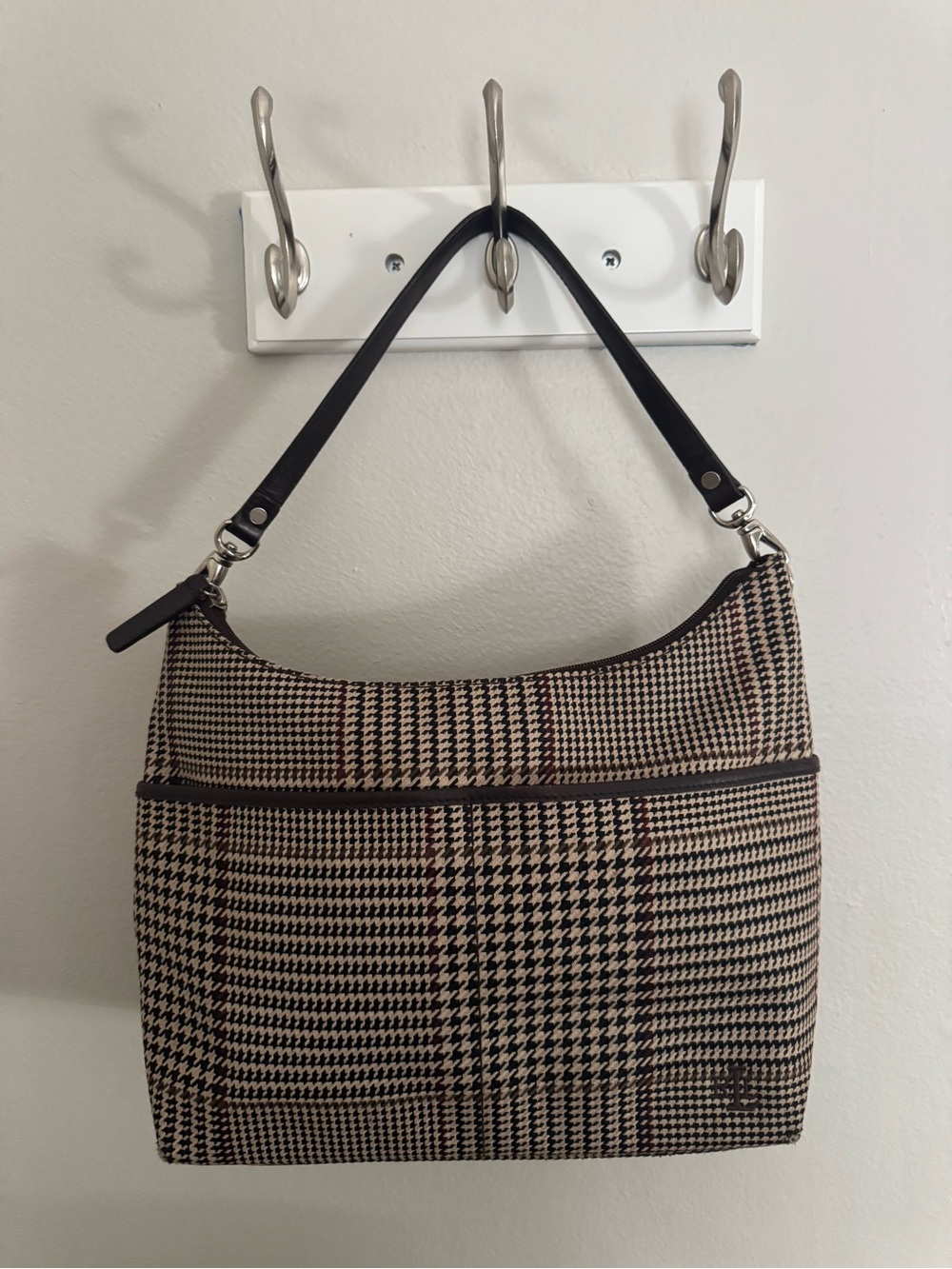 Lauren Ralph Lauren Houndstooth Plaid Shoulder Bag Brown Y2K Hobo Purse